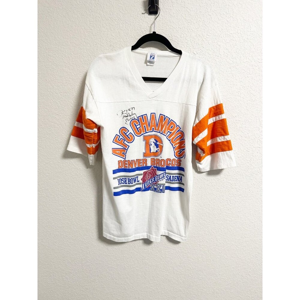 Logo 7 Denver Broncos AFC Champions Super Bowl XXI T-Shirt White Orange‎ Large